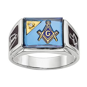 Masonic Collection Men's 14k White Gold 1/10 Carat T.W. Diamond Blue Spinel Masonic Ring