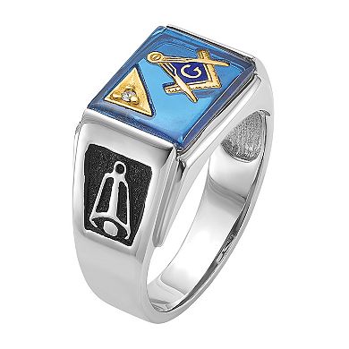 Masonic Collection Men's 14k White Gold 1/10 Carat T.W. Diamond Blue Spinel Masonic Ring