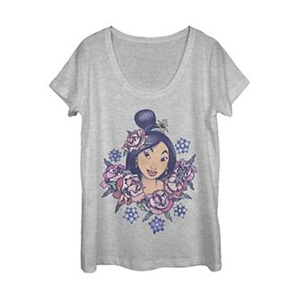 Juniors' Disney Mulan Floral Portrait Vintage Scoop Neck Graphic Tee