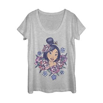 Juniors' Disney Mulan Floral Portrait Vintage Scoop Neck Graphic Tee