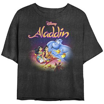 Juniors' Disney Aladdin Magic Carpet Movie Cast Crop Top Mineral Wash Graphic Tee