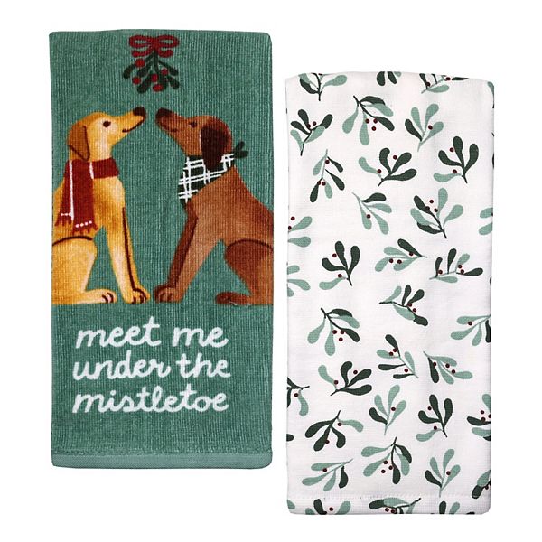 St. Nicholas Square® 2-Pack Under The Mistletoe Dog Kitchen Towels - Dark Ivy