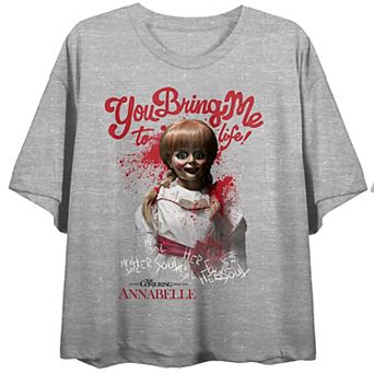Juniors' The Conjuring Annabelle You Bring Me To Life Cropped Graphic Tee