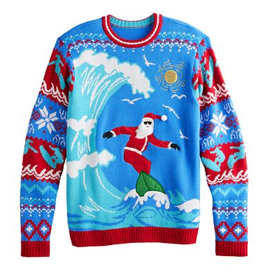 Men's Crewneck Surfing Santa Christmas Sweater