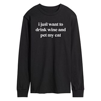 Men's Drink Wine Pet Cat Long Sleeve Graphic Tee