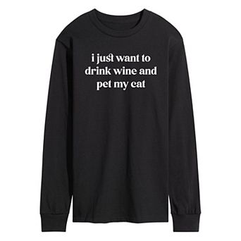 Men's Drink Wine Pet Cat Long Sleeve Graphic Tee