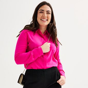 Women's Nine West Adaptive Drapey Satin Magnetic Closure Long Sleeve Shirt