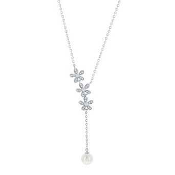Argento Bella Sterling Silver Cultured Freshwater Pearl Flower & Cubic Zirconia Lariat Necklace