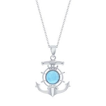 Nautica Rocks Sterling Silver Larimar Anchor Ship Wheel Pendant Necklace