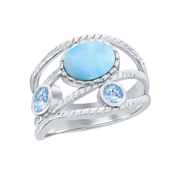 Sterling Silver Oval Larimar With Cubic Zirconia Triple Band Ring