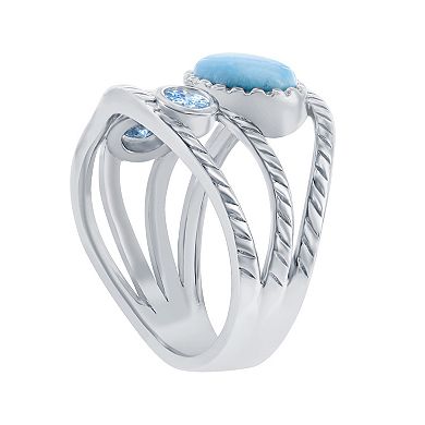 Nautica Rocks Sterling Silver Oval Larimar With Cubic Zirconia Triple Band Ring