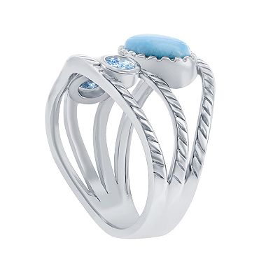 Sterling Silver Oval Larimar With Cubic Zirconia Triple Band Ring