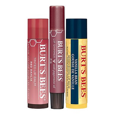Burt's Bees Mistletoe Kiss Red Collection Holiday Gift Set - 3 Lip Products - Vanilla Bean Moisturizing Lip Balm, Fig Lip Shimmer and Red Dahlia Tinted Lip Balm