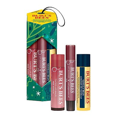 Burt's Bees Mistletoe Kiss Red Collection Holiday Gift Set - 3 Lip Products - Vanilla Bean Moisturizing Lip Balm, Fig Lip Shimmer and Red Dahlia Tinted Lip Balm