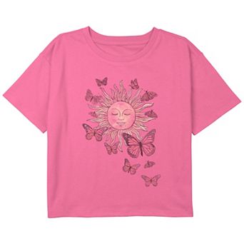 Girls 7-16 Meditating Sun And Butterflies Boxy Crop Graphic Tee