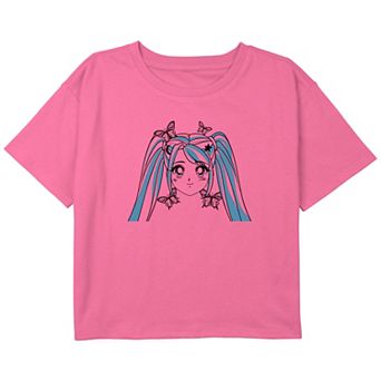Girls 7-16 Anime Girl With Butterflies Boxy Crop Graphic Tee