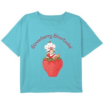 Girls 7-16 Strawberry Shortcake Sitting On A Big Strawberry Boxy Cropped Graphic Tee