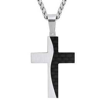 Celebration Gems Men's Stainless Steel & Carbon Fiber Cross Pendant Necklace