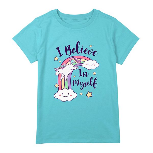Girls 7-16 I Believe In Myself Unicorn Jumping Rainbow Graphic Tee