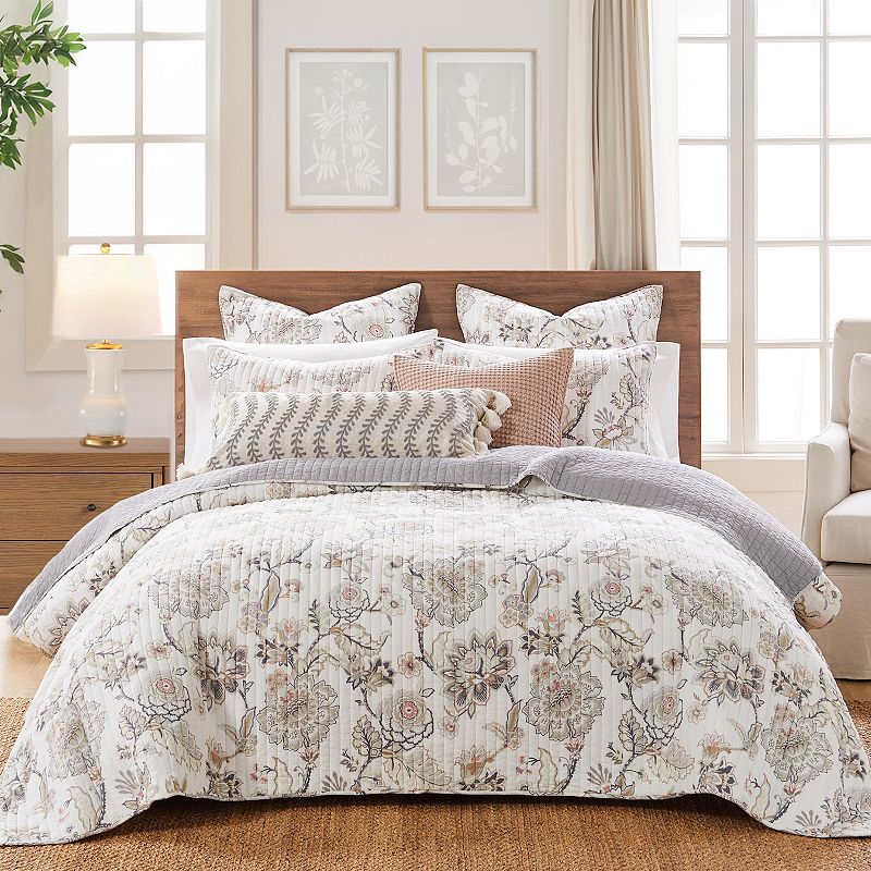 Levtex Home - Ophelia Quilt Set - King Quilt and Two King Shams - Floral - Taupe Grey Cream Blush - Quilt (106x96in.) and Shams (20x36in.) - Reversible - Rayon/Cotton