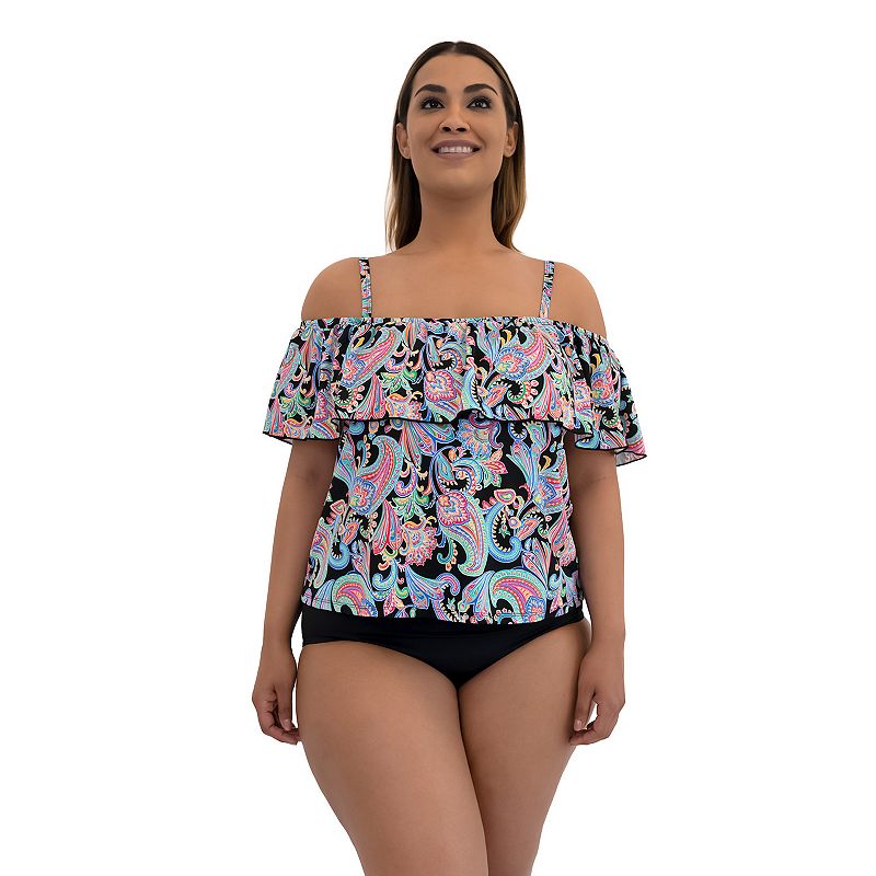 Plus Size A Shore Fit Buena Vista Tummy Solutions Off-the-Shoulder Swim Top