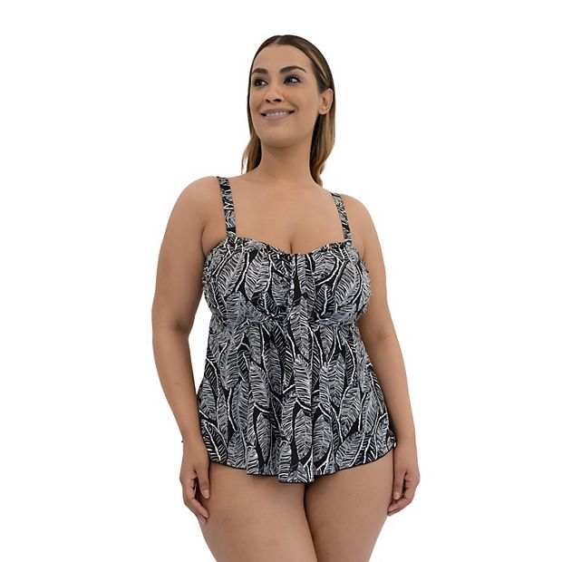 Plus Size A Shore Fit Leaf Love Tummy Solutions Waterfall Swim Top