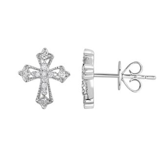 10k White Gold 1/10 Carat T.W. Diamond Cross Stud Earrings