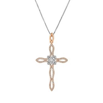 3/8 Carat T.W. Diamond 10k 2-Tone Pink Gold Cross Pendant Necklace