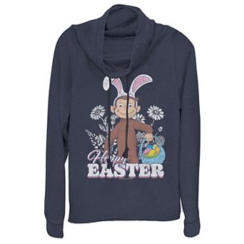 Juniors' Curious George With Bunny Ears & Easter Eggs Basket Cowlneck Graphic Lightweight Long Sleeve