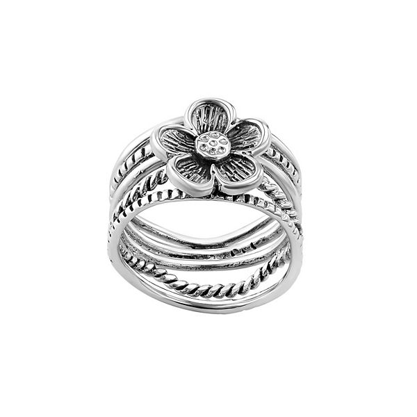 Athra NJ Inc Sterling Silver Oxidized Textured Flower Ring