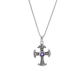 Athra NJ Inc Sterling Silver Amethyst Textured Cross Pendant Necklace