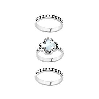 Athra NJ Inc Sterling Silver Mother Of Pearl Clover Stack Ring Set