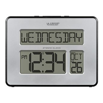 La Crosse Technology Silver Atomic Full Calendar Clock with Extra-Large Digits