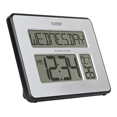 La Crosse Technology Silver Atomic Full Calendar Clock with Extra-Large Digits