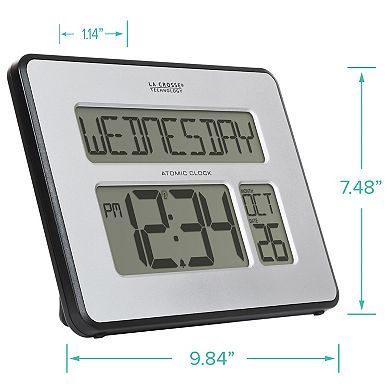 La Crosse Technology Silver Atomic Full Calendar Clock with Extra-Large Digits