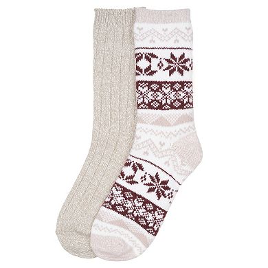 Women's Cuddl Duds® 2-Pack Plushfill Colorblock Snowflake Fairisle Twist Rib Crew Socks