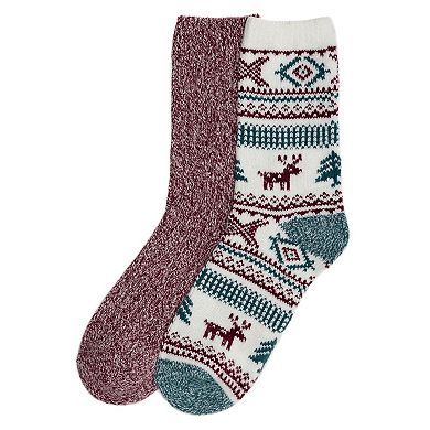 Women's Cuddl Duds® 2-Pack Plushfill Reindeer Snowflake Fairisle with Twist Rib Crew Socks