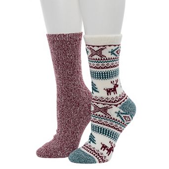 Women's Cuddl Duds® 2-Pack Plushfill Reindeer Snowflake Fairisle with Twist Rib Crew Socks