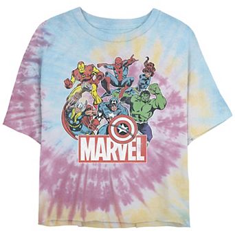 Juniors' Marvel Avengers Team Retro Comic Vintage Tie Dye Tee