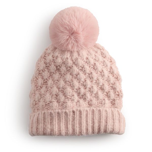 Women's LC Lauren Conrad Texture Knit Faux Fur Pompom Beanie