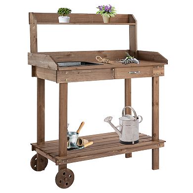 Outdoor Wood Planting Workstation Potting Bench Table W/ Large Storage Spaces