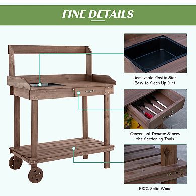 Outsunny 36" x 18" x 47" Wood Potting Bench Work Table w/ 2 Wheels,