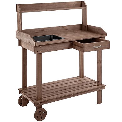 Outdoor Wood Planting Workstation Potting Bench Table W/ Large Storage Spaces