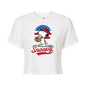Juniors' Peanuts Baseball Cropped Graphic Tee