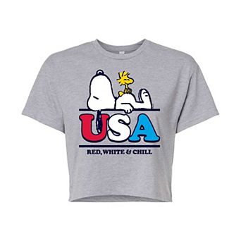 Juniors' Peanuts Red White Chill Cropped Graphic Tee