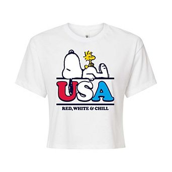 Juniors' Peanuts Red White Chill Cropped Graphic Tee