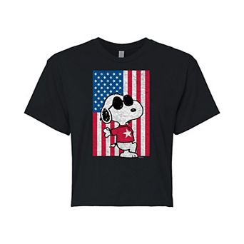 Juniors' Peanuts Joe Cool Flag Cropped Graphic Tee