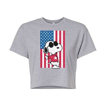Juniors' Peanuts Joe Cool Flag Cropped Graphic Tee