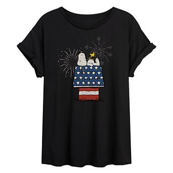 Juniors' Peanuts Snoopy Dog House Fireworks Oversized Graphic Tee