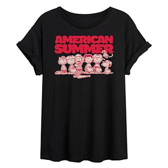 Juniors' Peanuts Snoopy Summer Baseball Oversized Graphic Tee